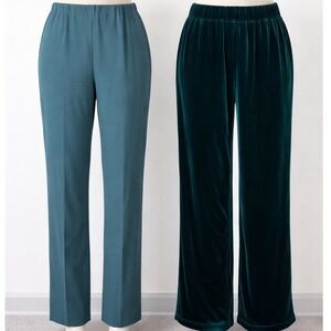 2 Pk Susan Graver Size L Petite Teal Straight Leg & Green Velvet Wide Leg Pants